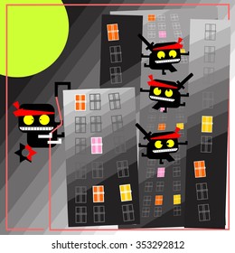 FUNNY VECTOR ILLUSTRATION IN CARTOON STYLE. SHADOW WARRIORS IN THE NIGHT CITY