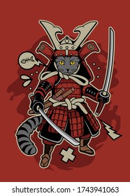 funny vector illustration of cat as a samurai , it can be use for shirt design or poster 