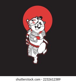 funny vector illustration of cat as a samurai , it can be use for shirt design or poster	