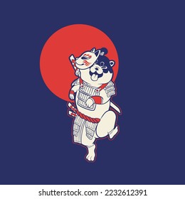 funny vector illustration of cat as a samurai , it can be use for shirt design or poster	