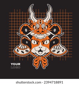funny vector illustration of cat as a samurai , it can be use for shirt design or poster	
