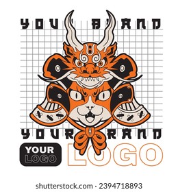 funny vector illustration of cat as a samurai , it can be use for shirt design or poster	
