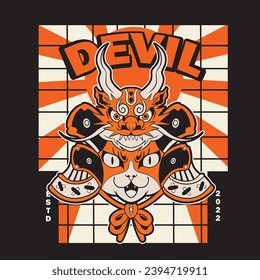 funny vector illustration of cat as a samurai , it can be use for shirt design or poster	
