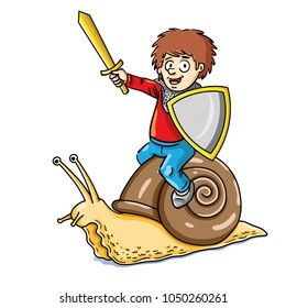 Funny vector illustration of child as a knight mounted on a conch snail.