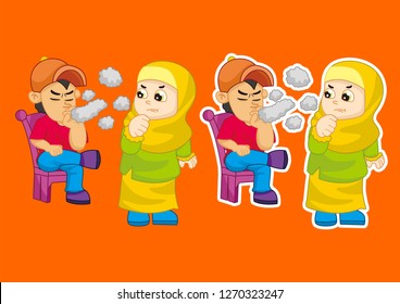 funny vector illustration of children afraid of cigarette smoke