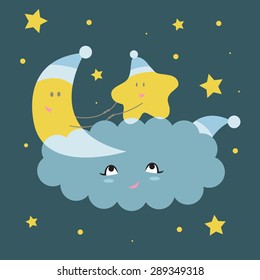 Funny vector illustration in a children's style. Friends crescent and star dancing on a cloud