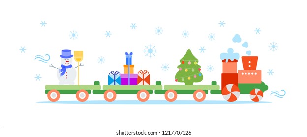 Funny vector illustration with Christmas train carries Christmas tree, snowman with broom, gifts. Happy New Year 2019, Christmas card.