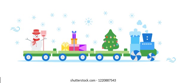 Funny vector illustration with Christmas train carries Christmas tree, snowman with broom, gifts. Happy New Year 2019, Christmas card.