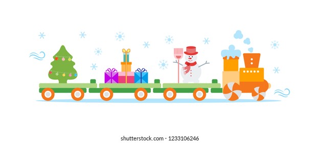 Funny vector illustration with Christmas train carries Christmas tree, snowman with broom, gifts. Happy New Year 2019, Christmas card.