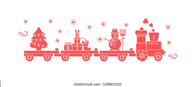 Funny vector illustration with Christmas train carries Christmas tree, snowman with broom, gifts. Happy New Year 2019, Christmas card.