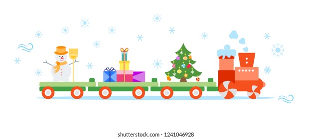Funny vector illustration with Christmas train carries Christmas tree, snowman with broom, gifts. Happy New Year 2019, Christmas card.