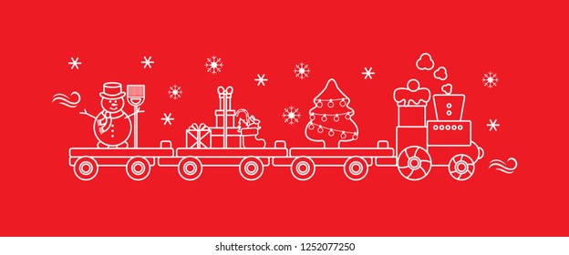 Funny vector illustration with Christmas train carries Christmas tree, snowman with broom, gifts. Happy New Year 2019, Christmas card.