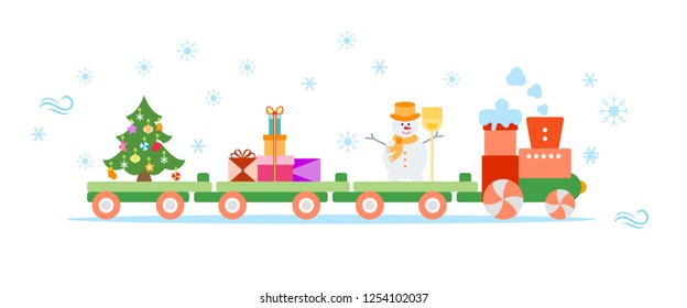 Funny vector illustration with Christmas train carries Christmas tree, snowman with broom, gifts. Happy New Year 2019, Christmas card.