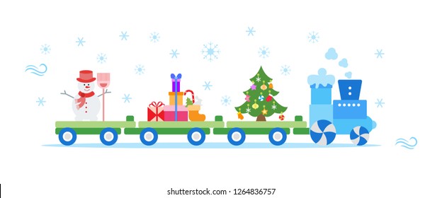 Funny vector illustration with Christmas train carries Christmas tree, snowman with broom, gifts. Happy New Year 2019, Christmas card.