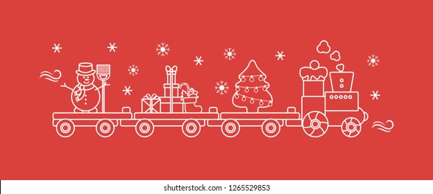 Funny vector illustration with Christmas train carries Christmas tree, snowman with broom, gifts. Happy New Year 2019, Christmas card.