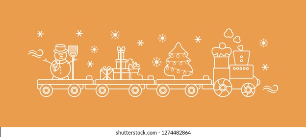 Funny vector illustration with Christmas train carries Christmas tree, snowman with broom, gifts. Happy New Year 2019, Christmas card.