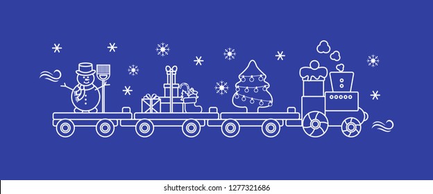 Funny vector illustration with Christmas train carries Christmas tree, snowman with broom, gifts. Happy New Year 2019, Christmas card.