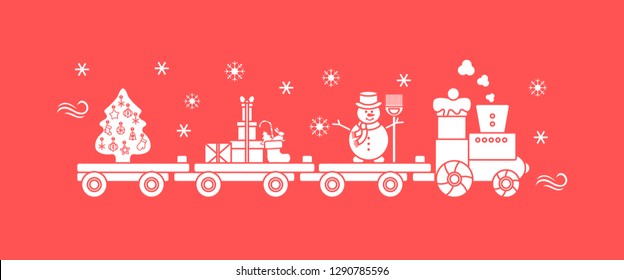 Funny vector illustration with Christmas train carries Christmas tree, snowman with broom, gifts. Happy New Year 2019, Christmas card.