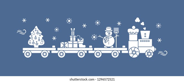 Funny vector illustration with Christmas train carries Christmas tree, snowman with broom, gifts. Happy New Year 2019, Christmas card.