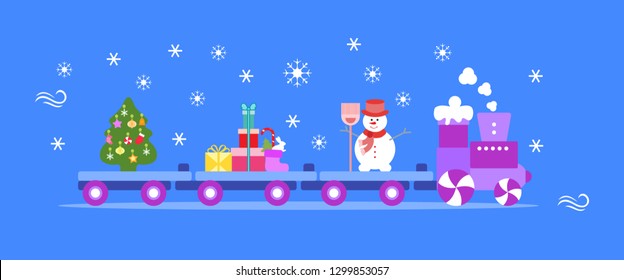 Funny vector illustration with Christmas train carries Christmas tree, snowman with broom, gifts. Happy New Year 2019, Christmas card.