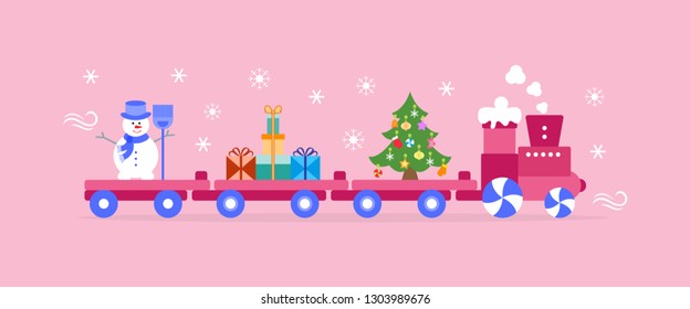 Funny vector illustration with Christmas train carries Christmas tree, snowman with broom, gifts. Happy New Year 2019, Christmas card.