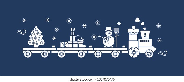 Funny vector illustration with Christmas train carries Christmas tree, snowman with broom, gifts. Happy New Year 2019, Christmas card.