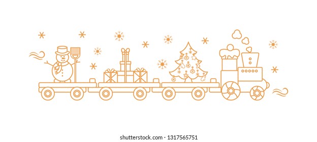 Funny vector illustration with Christmas train carries Christmas tree, snowman with broom, gifts. Happy New Year 2019, Christmas card.