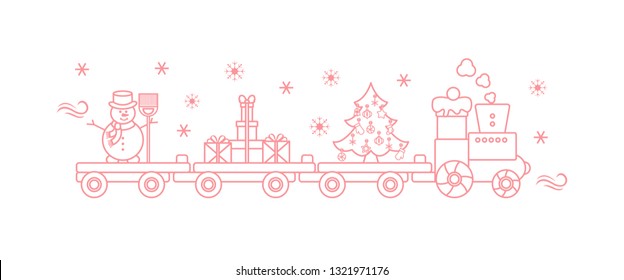 Funny vector illustration with Christmas train carries Christmas tree, snowman with broom, gifts. Happy New Year 2019, Christmas card.