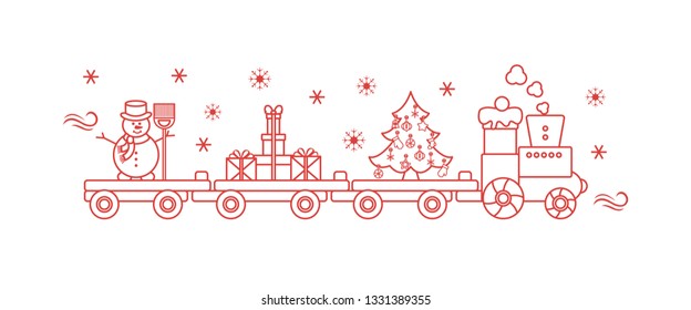 Funny vector illustration with Christmas train carries Christmas tree, snowman with broom, gifts. Happy New Year 2019, Christmas card.