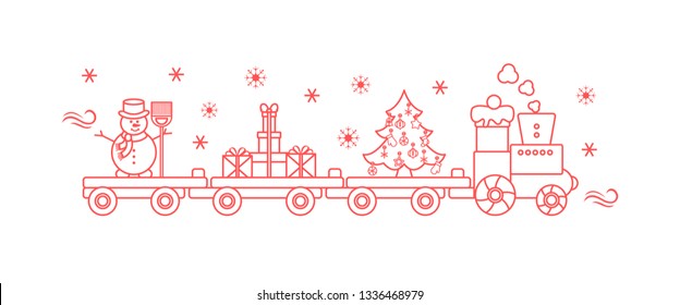 Funny vector illustration with Christmas train carries Christmas tree, snowman with broom, gifts. Happy New Year 2019, Christmas card.