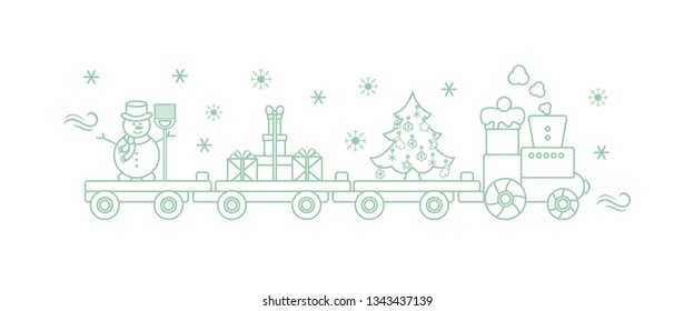 Funny vector illustration with Christmas train carries Christmas tree, snowman with broom, gifts. Happy New Year 2019, Christmas card.