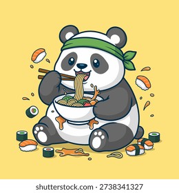 A funny vector illustration of a chubby panda enjoying ramen with noodles spilling everywhere, surrounded by scattered sushi.