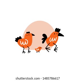 Funny vector illustration of cock, hen and chicken