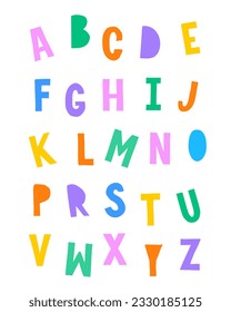 Funny Vector Illustration with Colorful Hand Drawn Alphabet. Infantile Style Letters isolated on a White Background. Simple Print with Crooked Colored Letters ideal for Poster, Wall Art. RGB Colors.