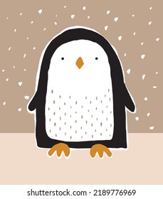 Funny Vektor Illustration mit Cool Little Sweet Baby Pinguin auf hellbraunem Hintergrund. Einfache Infantile-Style-Druck mit Funny Hand gezeichnete Weihnachtskarte mit Cute Pinguin. Wintervogeldrucke.