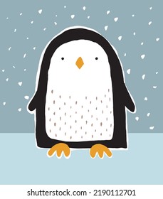 Funny Vektor Illustration mit Cool Little Sweet Baby Pinguin auf hellblauem Hintergrund. Einfache Infantile-Style-Druck mit Funny Hand gezeichnete Weihnachtskarte mit Cute Pinguin. Wintervogeldrucke.