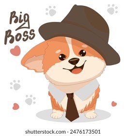 Funny vector illustration of a corgi puppy. Cute friendly Welsh Corgi puppy wearing a hat, isolated on a white background. Great for icon, symbol, card, children s book