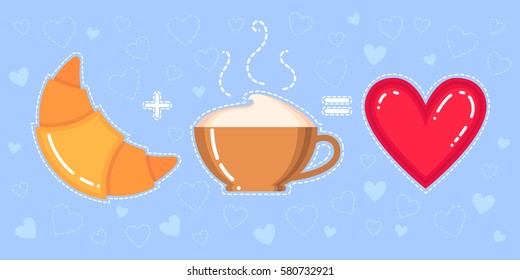 Funny vector illustration of croissant, coffee cup and red heart on blue background