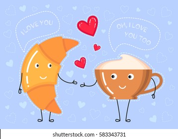 Funny vector illustration of croissant, coffee cup what make a declaration of love and red hearts on blue background 
