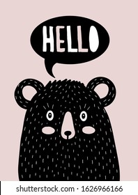 Funny Vector Illustration with Cute Black Bear. Lovely Nursery Art with Cute Teddy Bear Isolated on a Pink Background. Lovely Drawing for Card, Poster, Invitation Wall Art, Baby Girl Room Decoration.