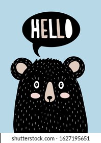 Funny Vector Illustration with Cute Black Bear. Lovely Nursery Art with Cute Teddy Bear Isolated on a Blue Background. Lovely Drawing for Card, Poster, Invitation Wall Art, Baby Boy Room Decoration.