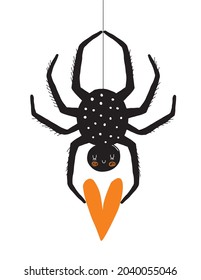 Funny Vector Illustration with Cute Black Spider Holding Big Orange Heart. Simple Hand Drawn Halloween Print with Lovely Spider on a White Background ideal for Card,Poster, Wall Art, Party Decoration.