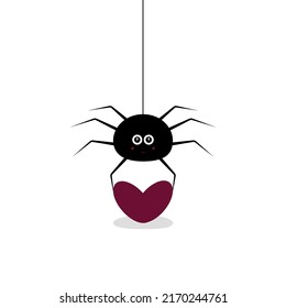 Funny vector illustration with cute Black Spider holding Big Red Heart isolated on white background. Lovely Spider hanging on web and holding Heart. Illustration for card, poster, decoration, etc.