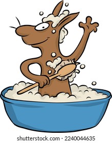 Funny vector illustration of cute brown rabbit washing himself in the bathtub with a lot of foam