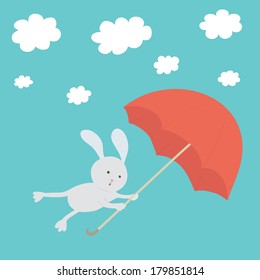 Funny vector illustration. Cute cartoon rabbit flies with umbrella. 