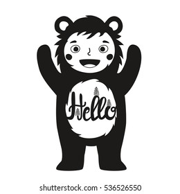 Funny vector illustration with cute child in bear costume and word - hello. Typography poster with quote. Greeting card design, t-shirt print, children invitation template