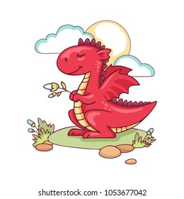 Funny vector illustration with cute dragon on green lawn.
