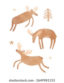 Funny Vector Illustration Of Cute Moos. Hand Drawn Print with Cartoon of Moose on a White Background. Woodland Animal Jumping And Running In THe Forest. Infantile Drawing-like Funny Bucks. RGB.