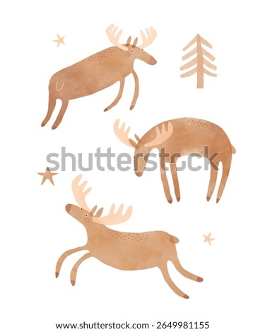 Funny Vector Illustration Of Cute Moos. Hand Drawn Print with Cartoon of Moose on a White Background. Woodland Animal Jumping And Running In THe Forest. Infantile Drawing-like Funny Bucks. RGB.
