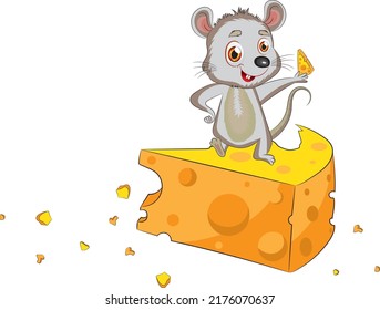 Graciosa ilustración vectorial del ratón lindo con queso. Ilustración vectorial de estilo caricatura dibujada a mano.